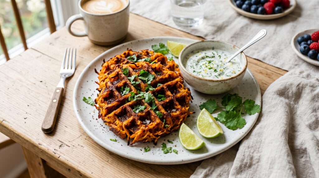 Golden sweet potato hash brown waffles on a white plate