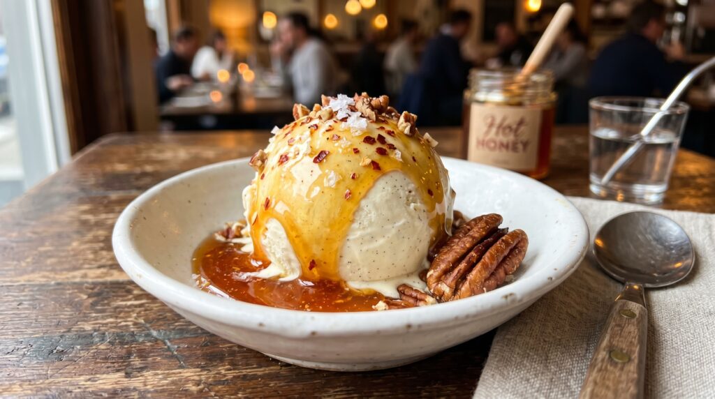 A spectacular hot honey ice cream dessert in a white ceramic bowl