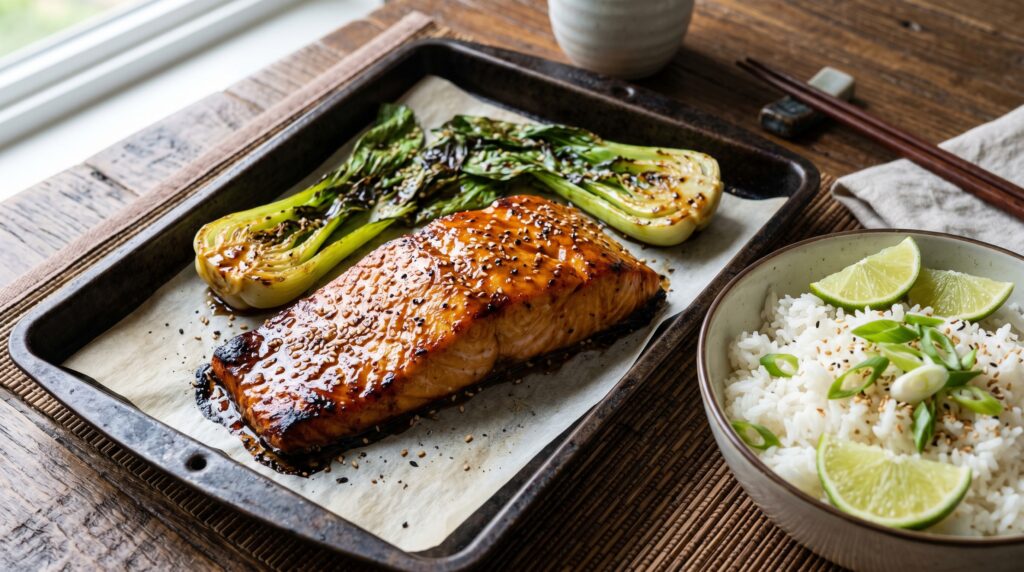 Golden, lacquered honey soy glazed salmon on a dark lined baking tray