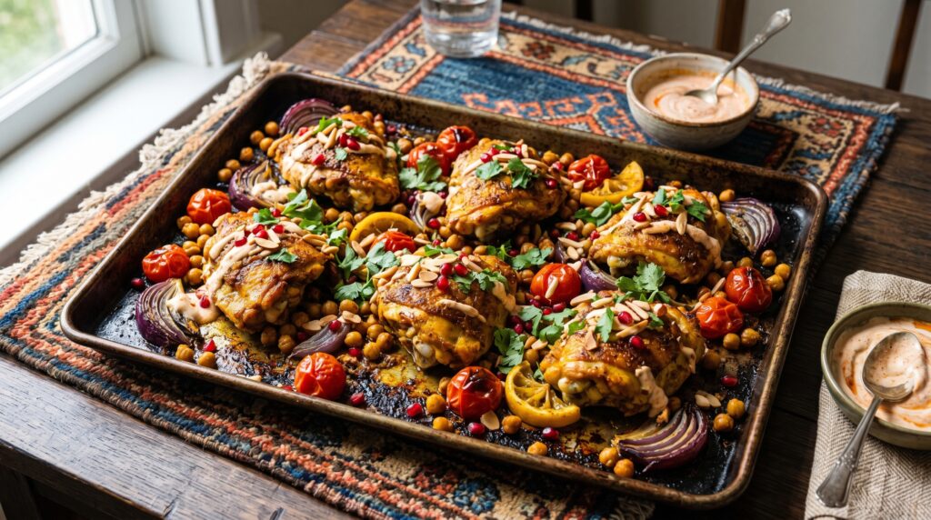A fragrant, golden sheet pan Moroccan chicken on a dark baking tray