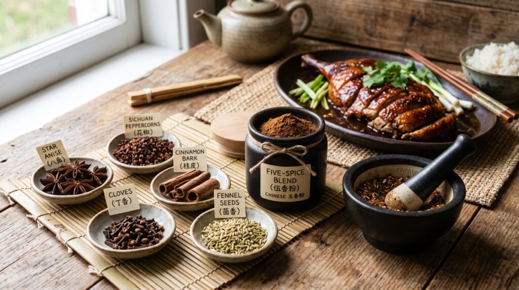 A beautiful Chinese five spice blend in a small dark jar on an Asian-inspired surface