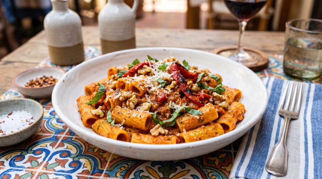 A vibrant, bold roasted red pepper and walnut pasta in a wide white bowl