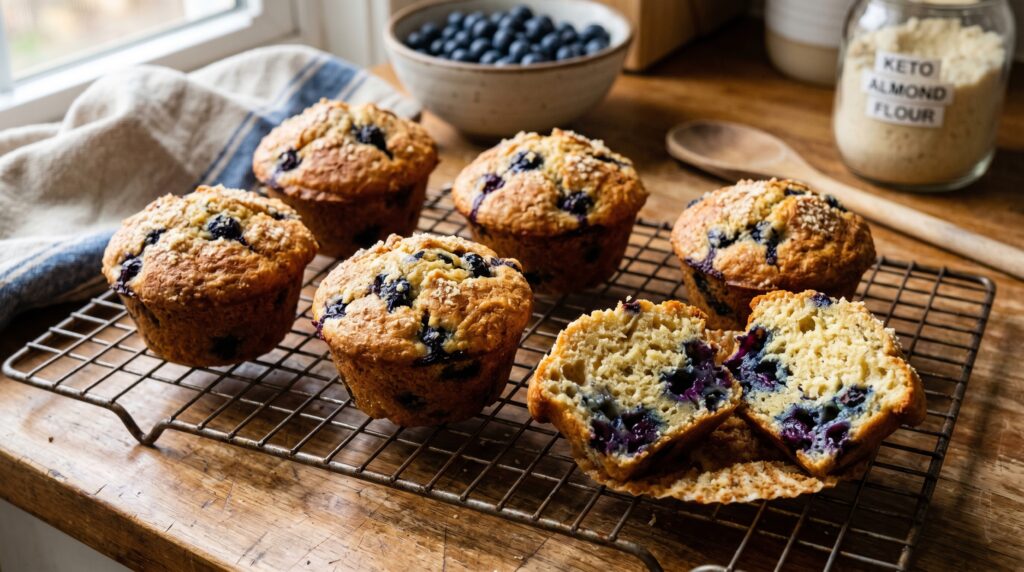 Six golden keto blueberry muffins on a wire cooling rack