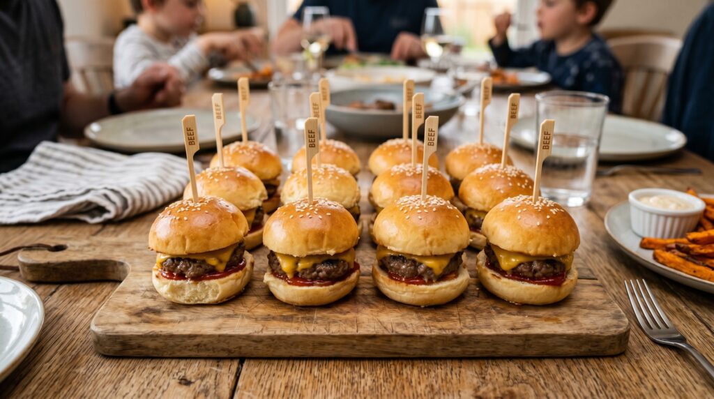 A tray of twelve golden mini beef sliders on a wooden board