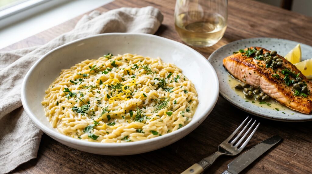 A creamy, vibrant lemon butter orzo in a wide white bowl