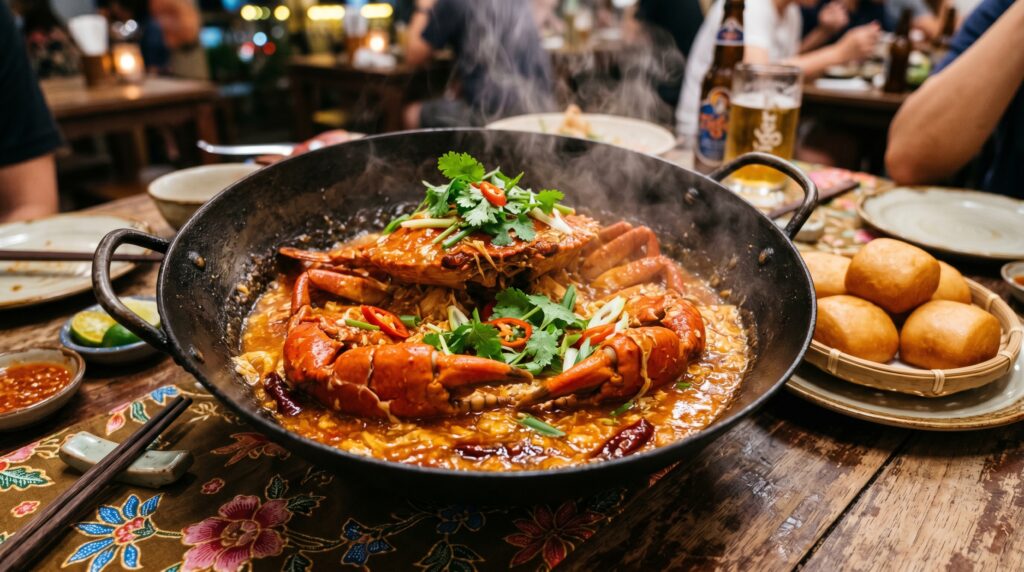 A dramatic, vibrant Singapore-style chili crab in a wide dark wok or serving dish