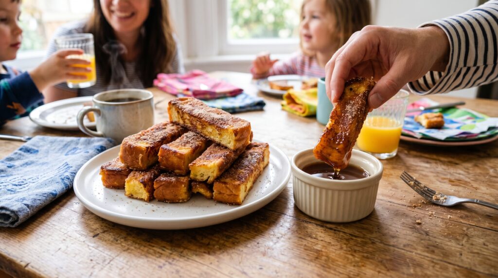 Golden, cinnamon-dusted French toast sticks on a white plate