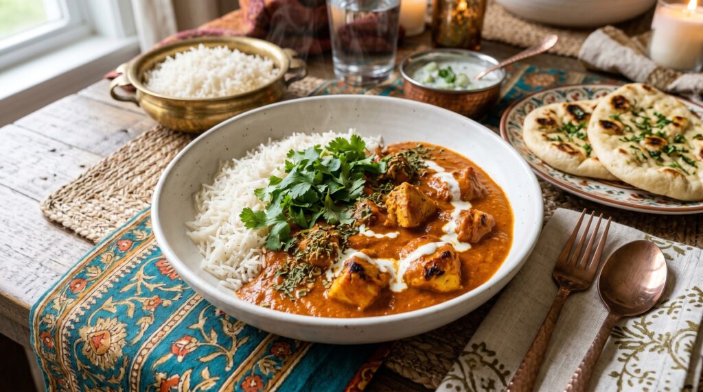 A rich, vibrant gluten-free chicken tikka masala in a wide white bowl over basmati rice