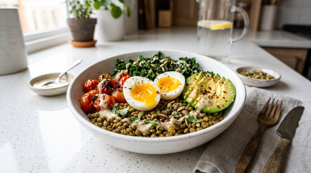 A nourishing, colorful lentil and egg power bowl in a wide white bowl