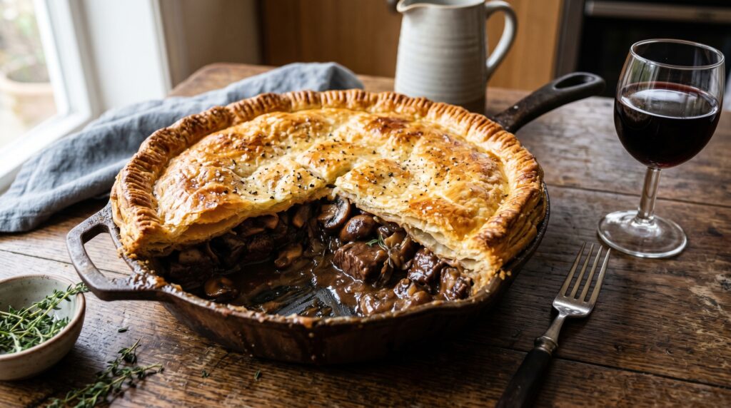 A spectacular steak and mushroom pie in a deep cast iron pie dish