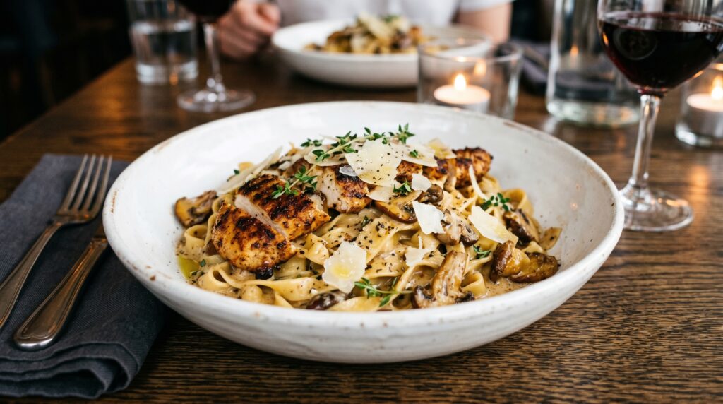A sophisticated, earthy Cajun chicken and mushroom pasta in a wide white bowl