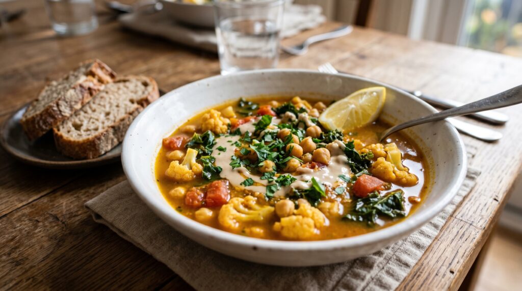 A hearty, deeply spiced cauliflower and chickpea stew in a wide white bowl