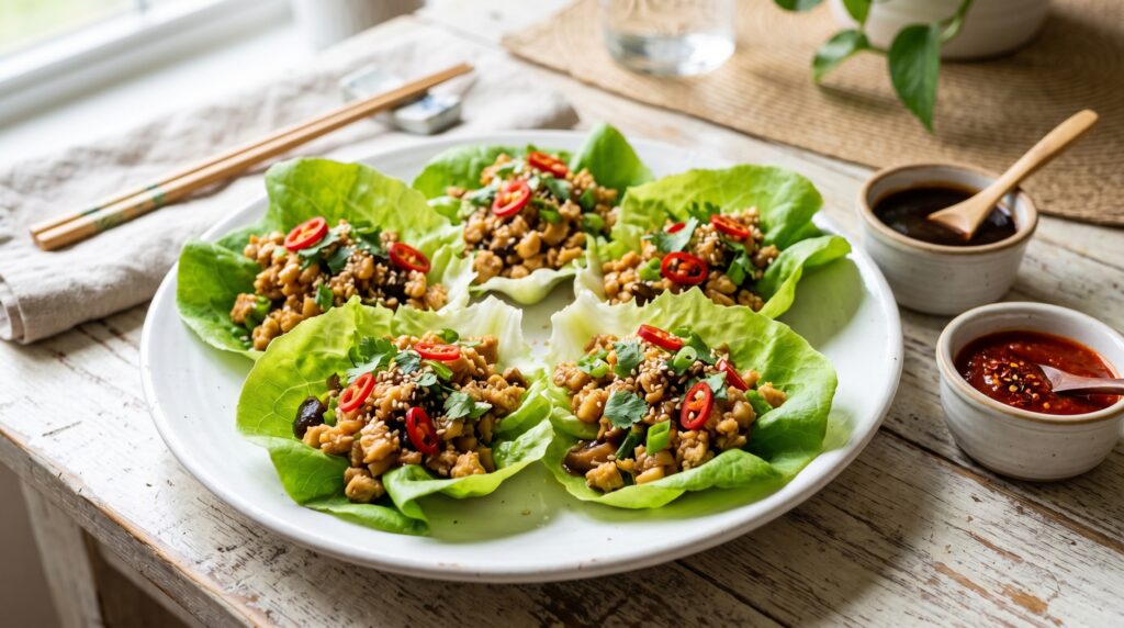 Beautiful Asian cabbage wraps on a wide white plate