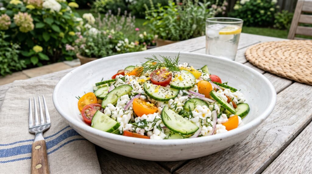 A fresh, vibrant cottage cheese and cucumber salad in a wide white bowl