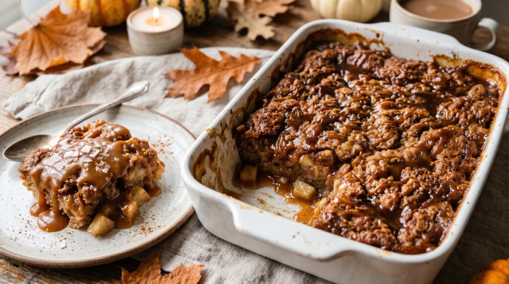 A stunning salted caramel apple dump cake in a white baking dish