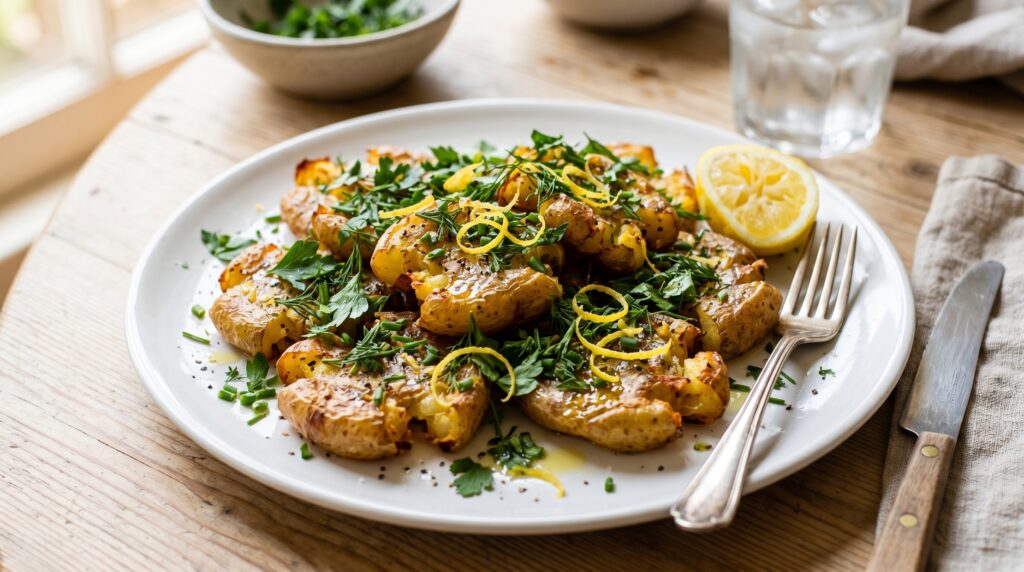 Bright, fresh lemon and herb smashed potatoes on a white plate