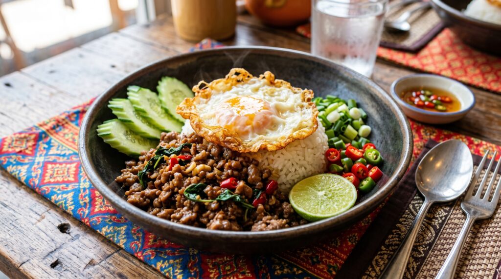 A fragrant, vibrant Thai basil ground beef bowl in a wide dark bowl