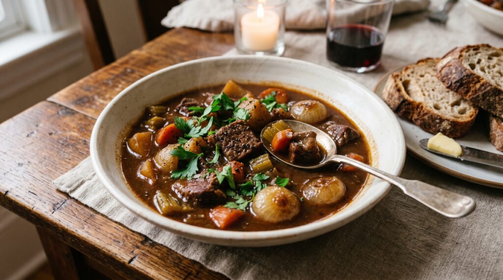 A deeply satisfying slow cooker beef stew in a wide white bowl