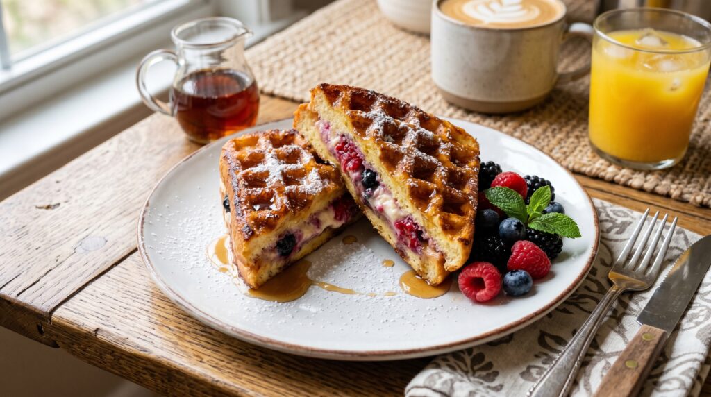 Golden, spectacular stuffed French toast from the waffle maker on a white plate