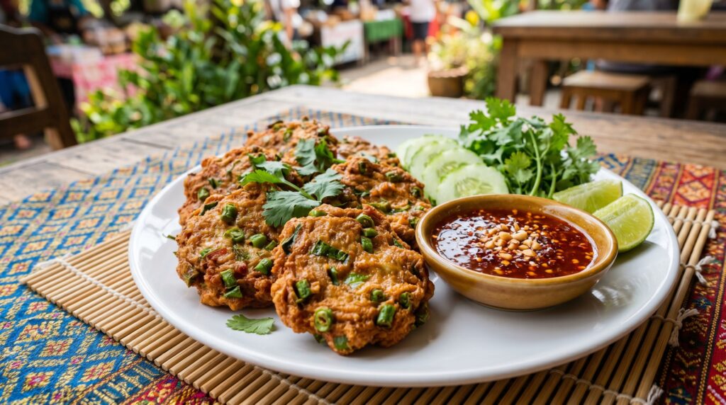 Beautiful golden Thai fish cakes on a white plate