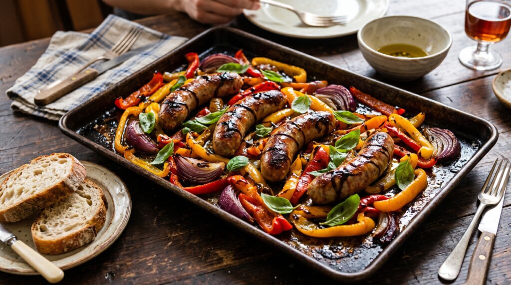 A vibrant, colorful Italian-style sheet pan sausage and peppers on a dark baking tray