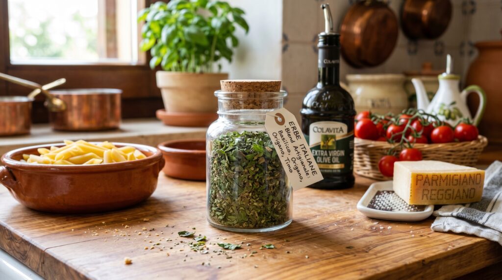 A vibrant, green Italian herb blend in a small clear jar on a warm Italian-inspired kitchen surface