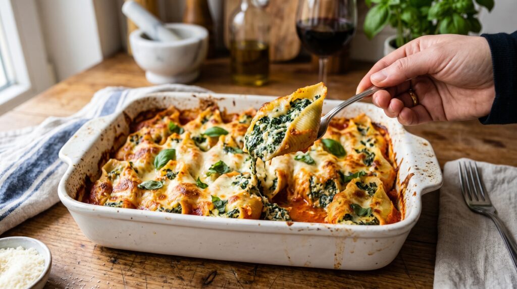 Beautiful large pasta shells stuffed with spinach and ricotta in a white ceramic baking dish