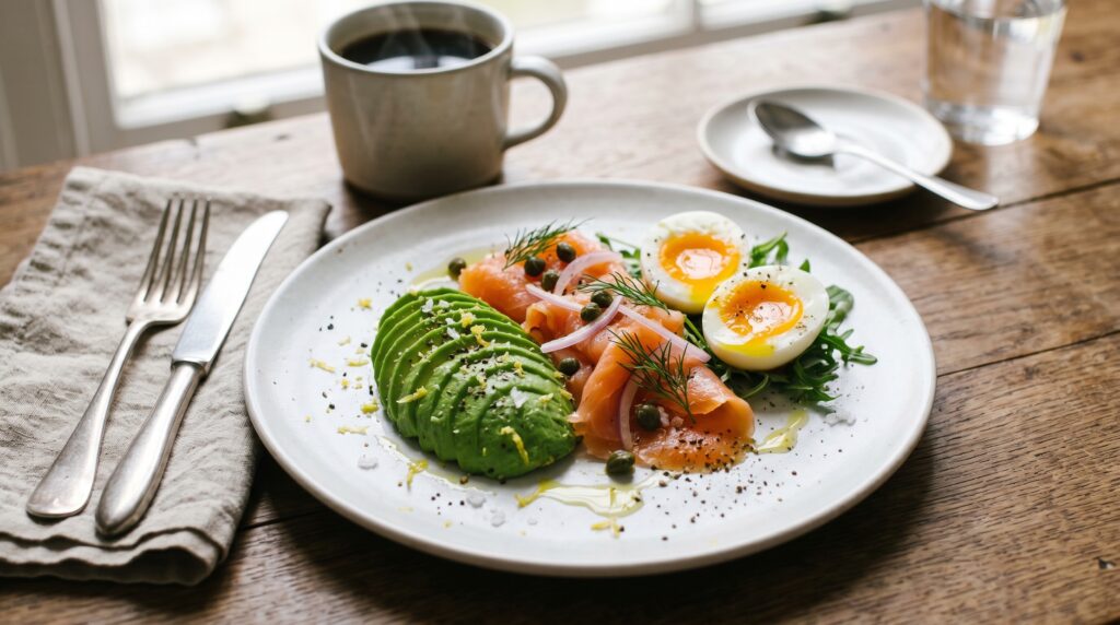 An elegant, minimal avocado and smoked salmon keto breakfast plate on a white plate