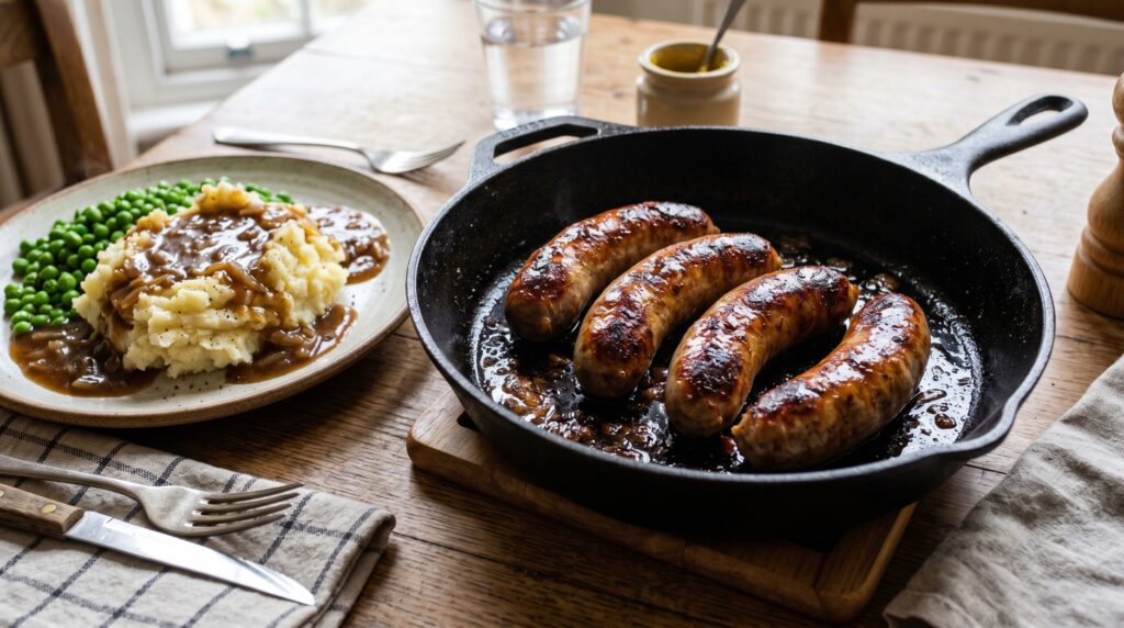 Golden, perfectly cooked homemade beef sausages in a wide cast iron skillet