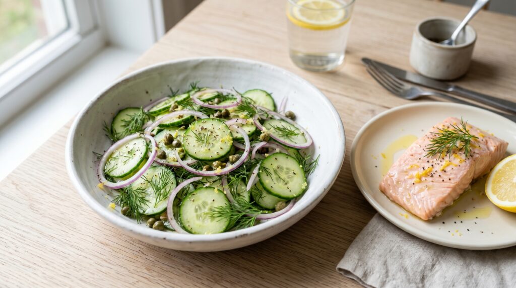 A fresh, vibrant cucumber, dill, and red onion salad in a white ceramic bowl