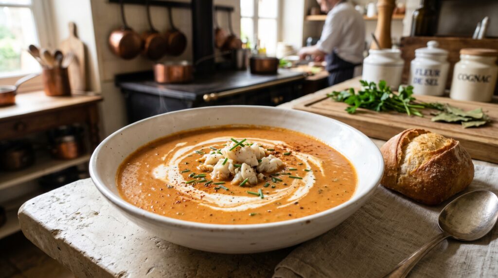 A gorgeous, deeply colored classic crab bisque in a wide white bowl