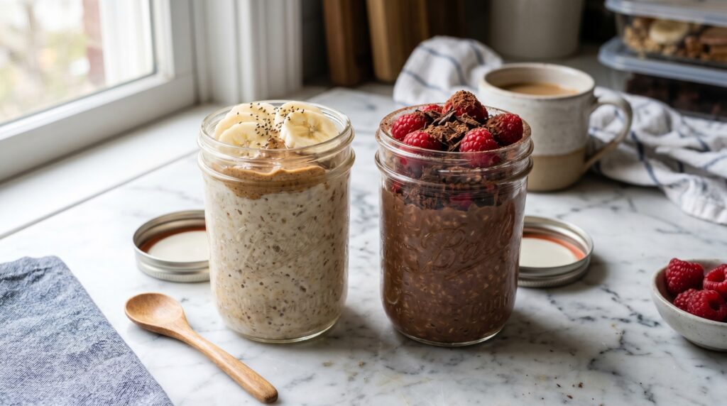 Two overnight oats jars on a white marble surface