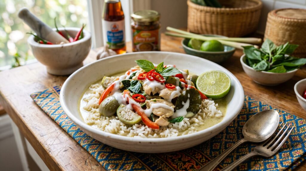 A fragrant, vibrant gluten-free Thai green curry in a wide white bowl over jasmine rice