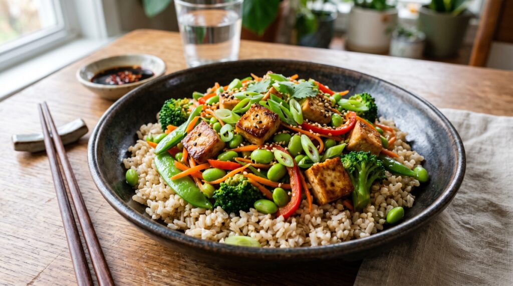 A vibrant, colorful tofu and edamame stir fry in a wide dark bowl over brown rice