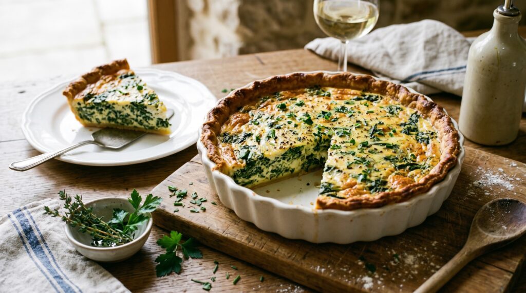 A beautiful spinach and ricotta quiche on a white ceramic quiche dish