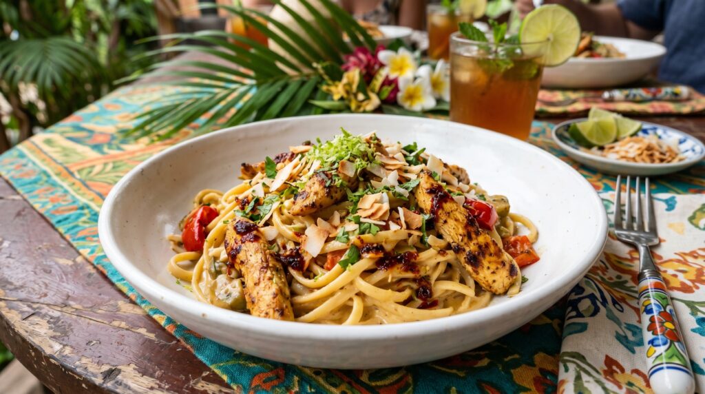 An exotic, vibrant Cajun chicken pasta in a wide white bowl