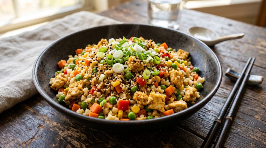 A vibrant, colorful cauliflower fried rice in a wide dark bowl