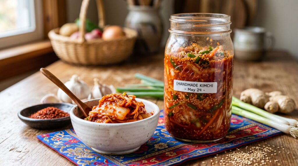 A vibrant, deeply colored simple kimchi in a glass jar and a small white bowl