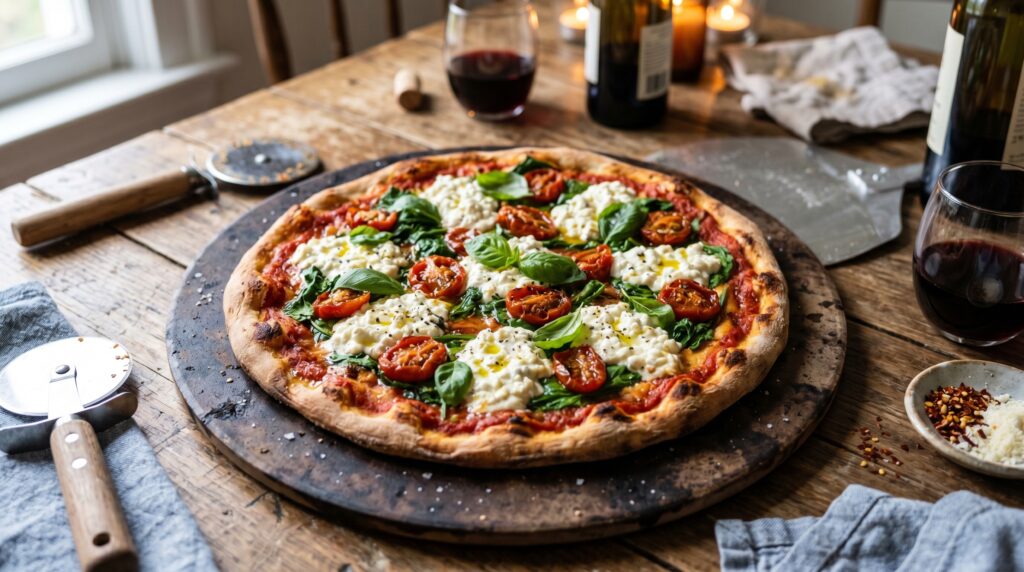 A beautiful cottage cheese pizza on a dark pizza stone