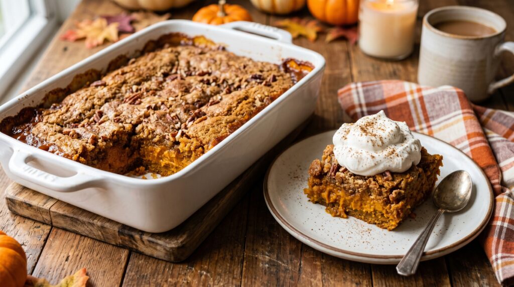 A golden, warmly spiced pumpkin spice dump cake in a white baking dish