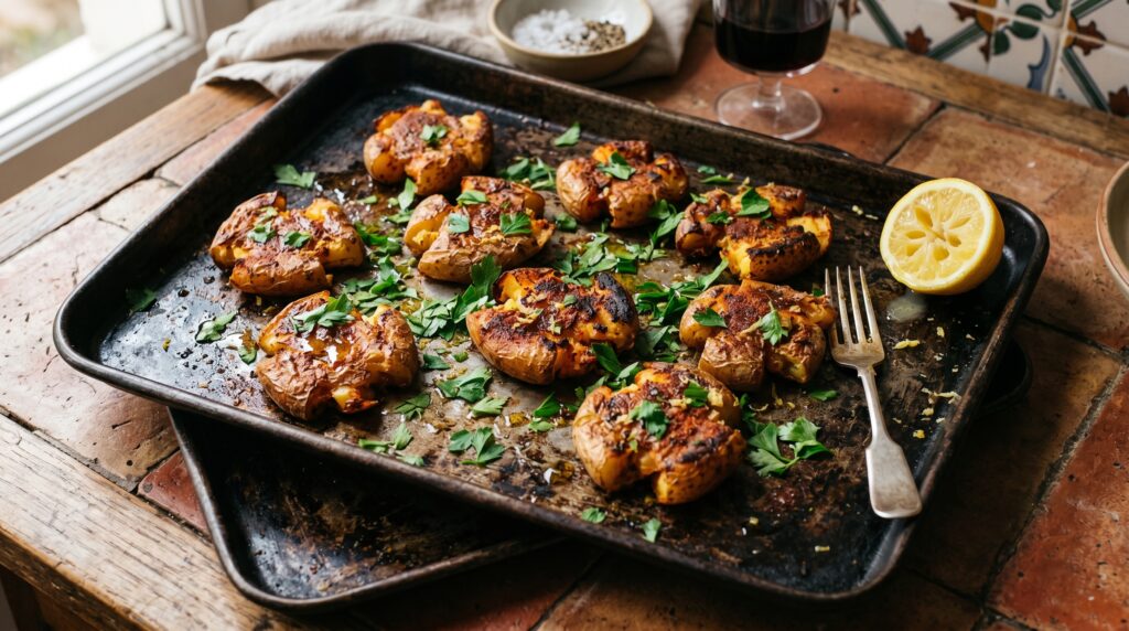 Bold, smoky paprika smashed potatoes on a dark baking tray