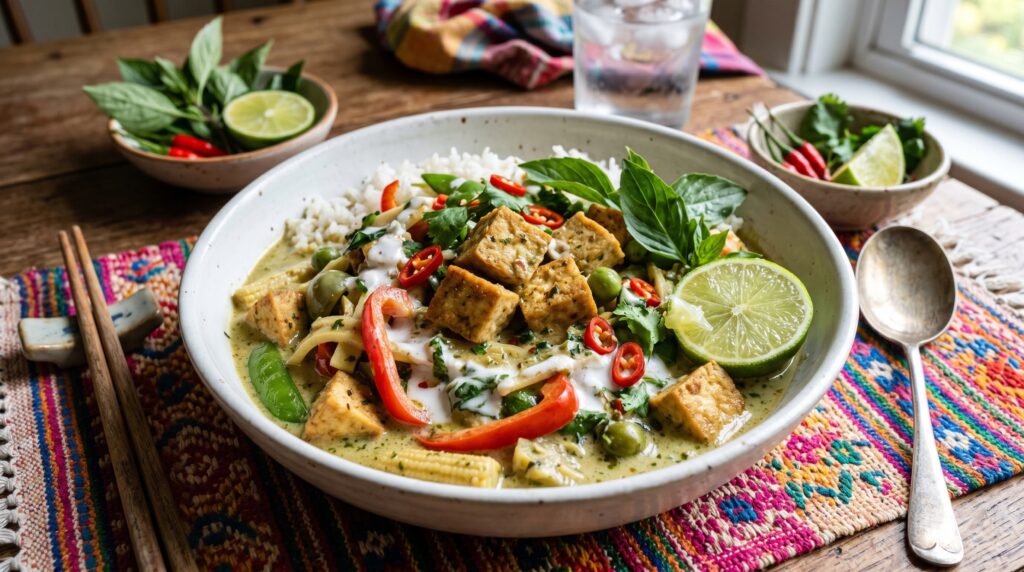 A fragrant, vibrant Thai green curry tofu bowl in a wide white bowl