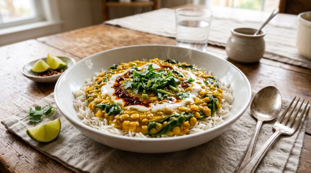 A vibrant, golden slow cooker coconut lentil curry in a wide white bowl over basmati rice