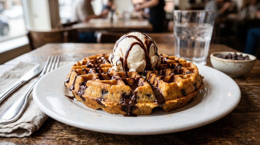 Golden, crispy chocolate chip cookie dough waffles on a white plate