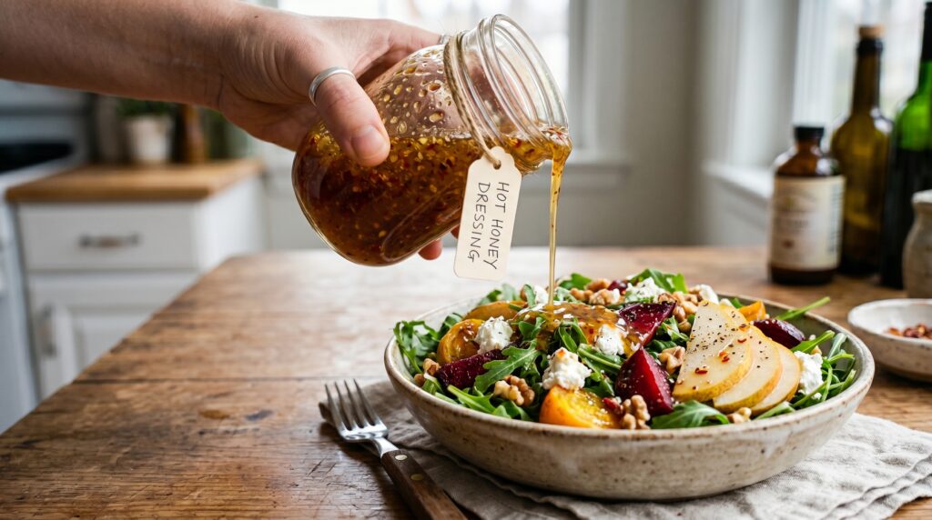 A vibrant, bold hot honey salad dressing in a small glass jar