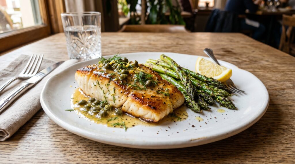 An elegant lemon caper butter cod on a white plate, the golden