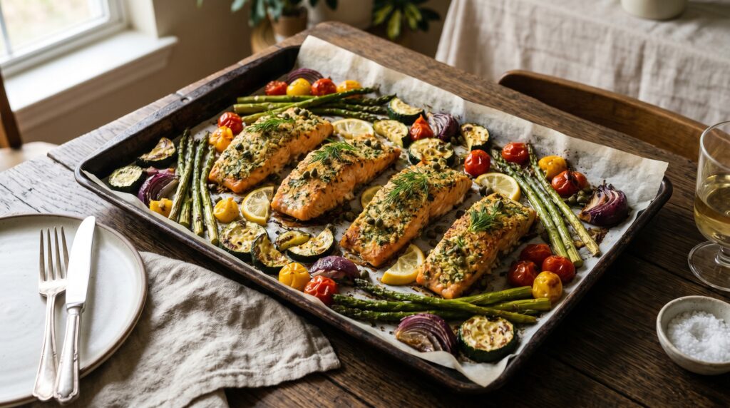 An elegant sheet pan salmon and vegetable dinner on a dark lined baking tray