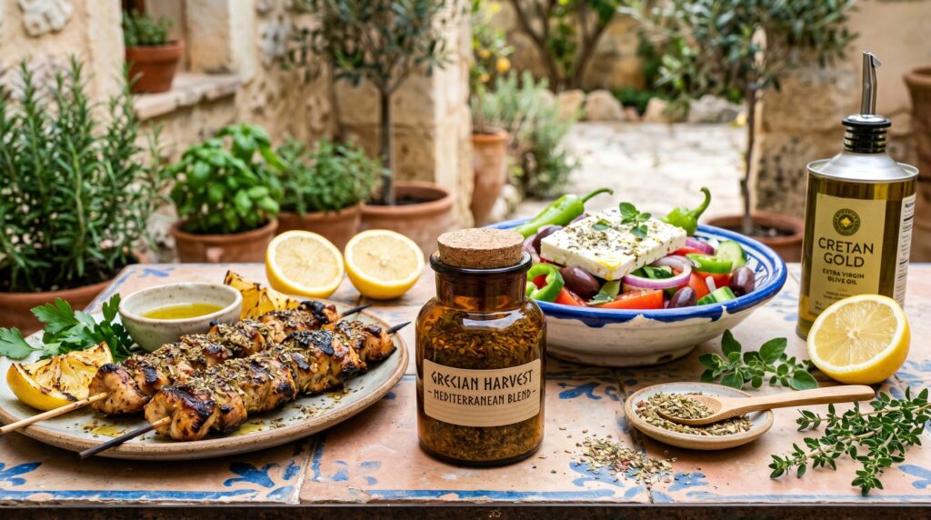 A vibrant Greek Mediterranean seasoning in a small amber jar on a bright Mediterranean-inspired surface