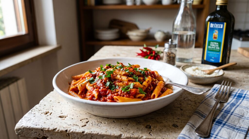 A bold, vibrant arrabbiata in a wide white bowl
