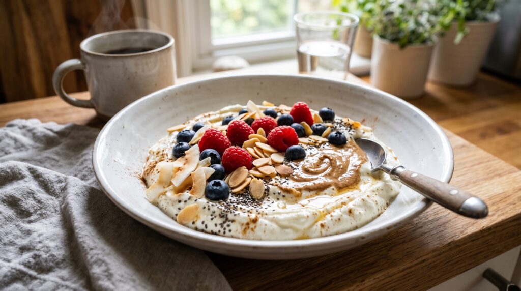 A beautiful keto Greek yogurt bowl in a wide white bowl
